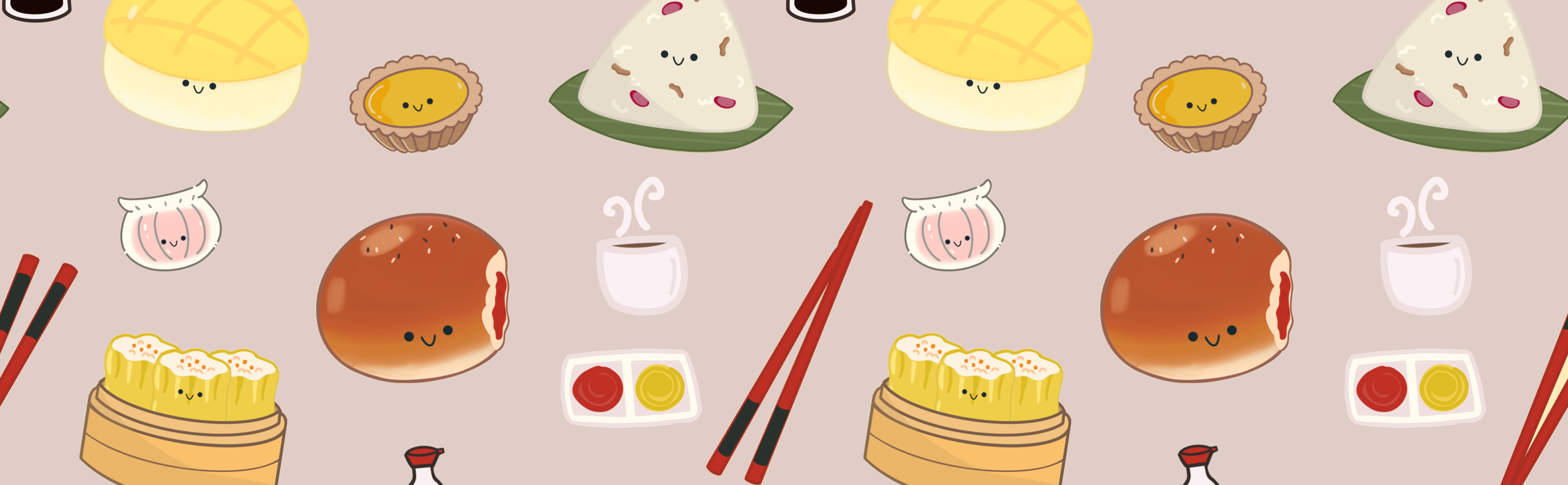 Pattern of cartoon-style food items on a beige background