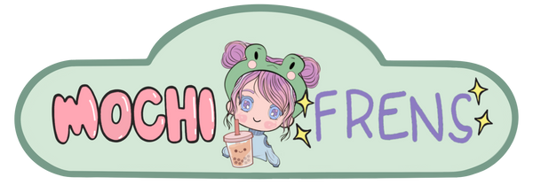 Logo with a cartoon character, 'Mochi Frens', on a light green cloud-shaped background.